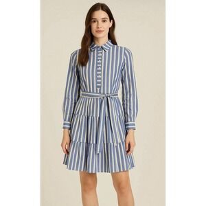 Eliza J Shirt Dress 8 Blue Yellow Striped Belted‎ Tiered Nautical Preppy Office